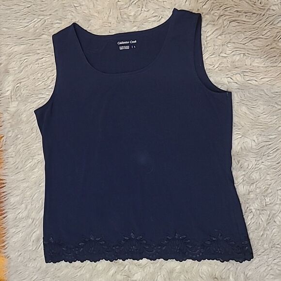 Coldwater creek womens navy blue cotton stretch lace‎ tank top size large - Picture 1 of 5